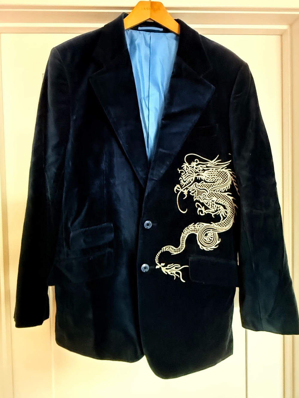 Dragonfly Dark Blue Velvet Blazer with Silver Dragon Embroidery